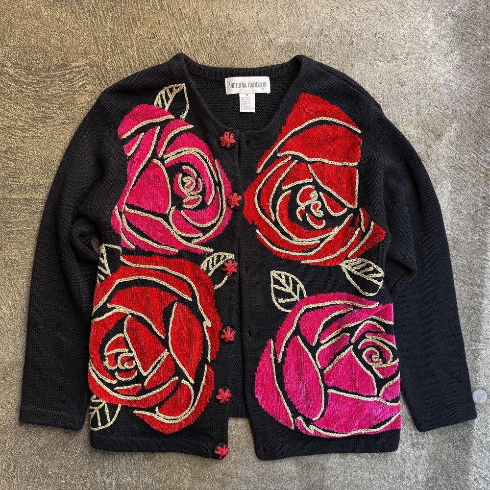 Rose Cardigan Sweater Victoria Harbour Womens‎ Medium Black Red Embroidered